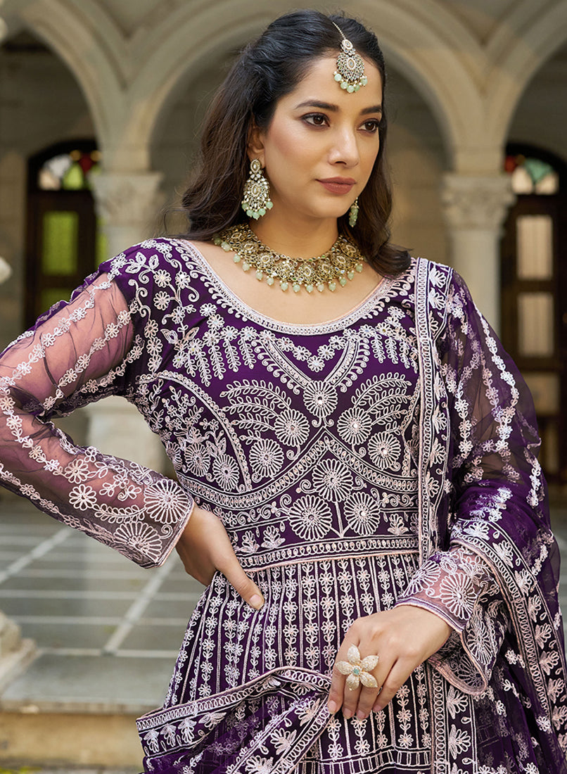 Purple Embroidered Net Gown with Dupatta - Monjolika Fashion