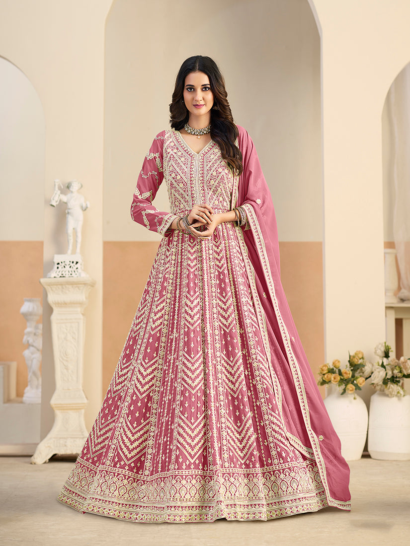 Faux Georgette Embroidered Pink Anarkali Suit - Monjolika Fashion