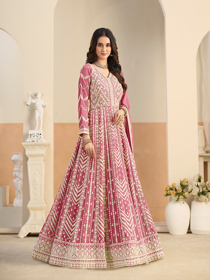 Faux Georgette Embroidered Pink Anarkali Suit - Monjolika Fashion