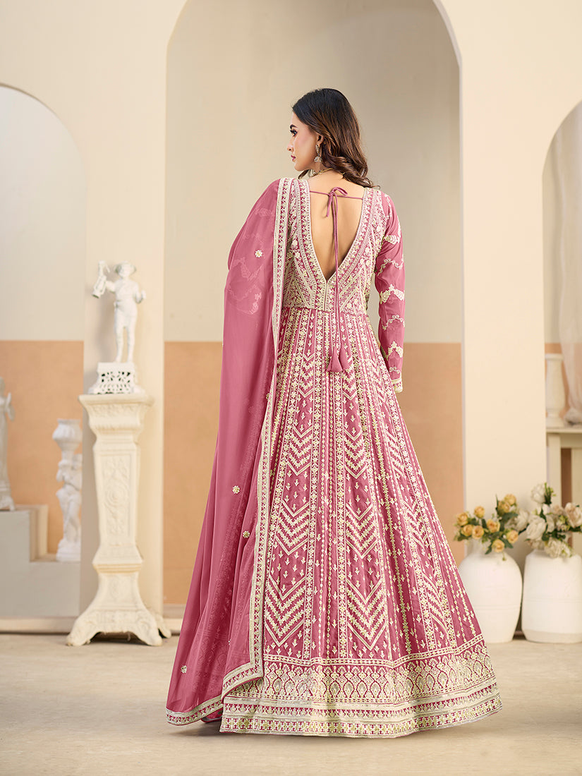 Faux Georgette Embroidered Pink Anarkali Suit - Monjolika Fashion