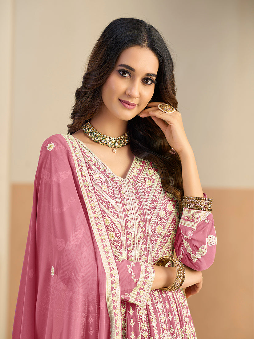 Faux Georgette Embroidered Pink Anarkali Suit - Monjolika Fashion