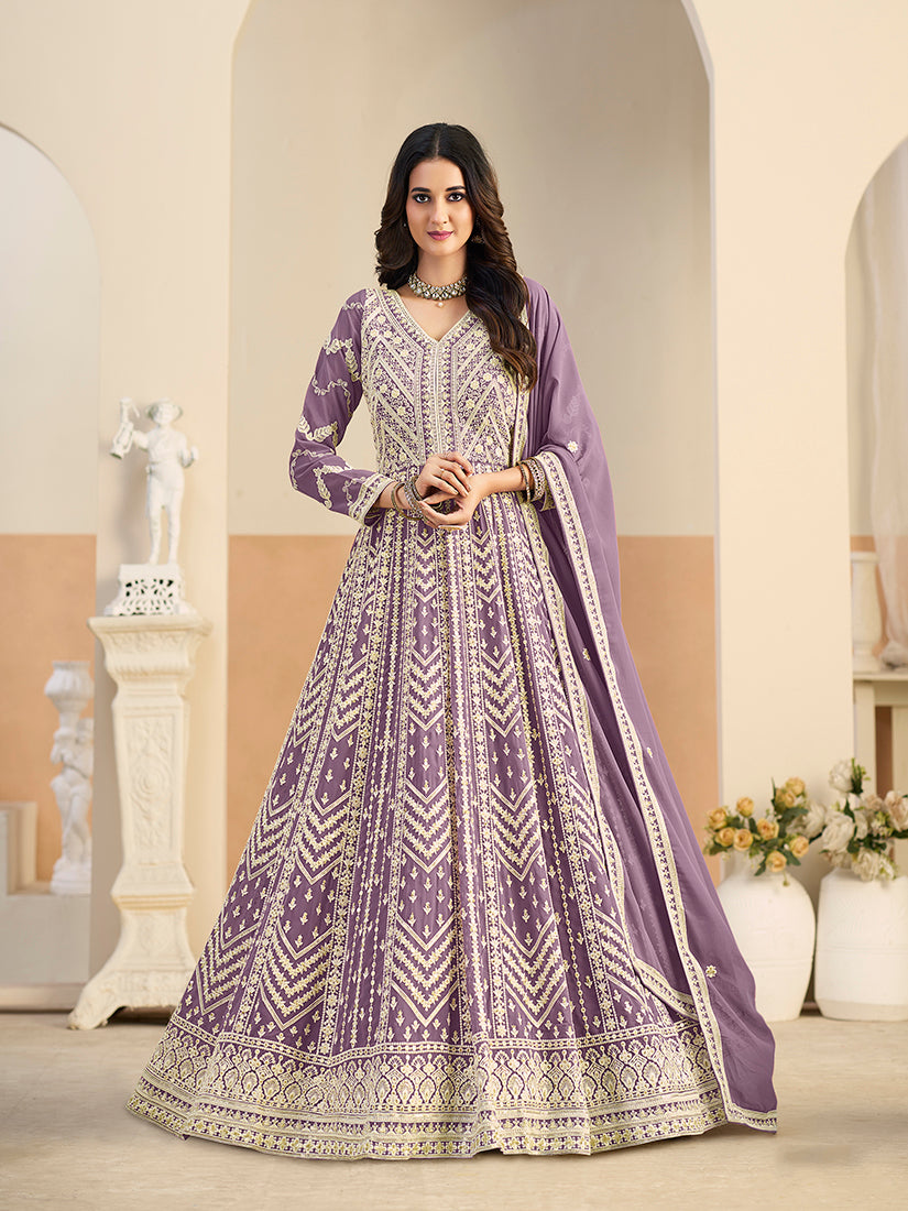 Faux Georgette Embroidered Light Purple Anarkali Suit - Monjolika Fashion