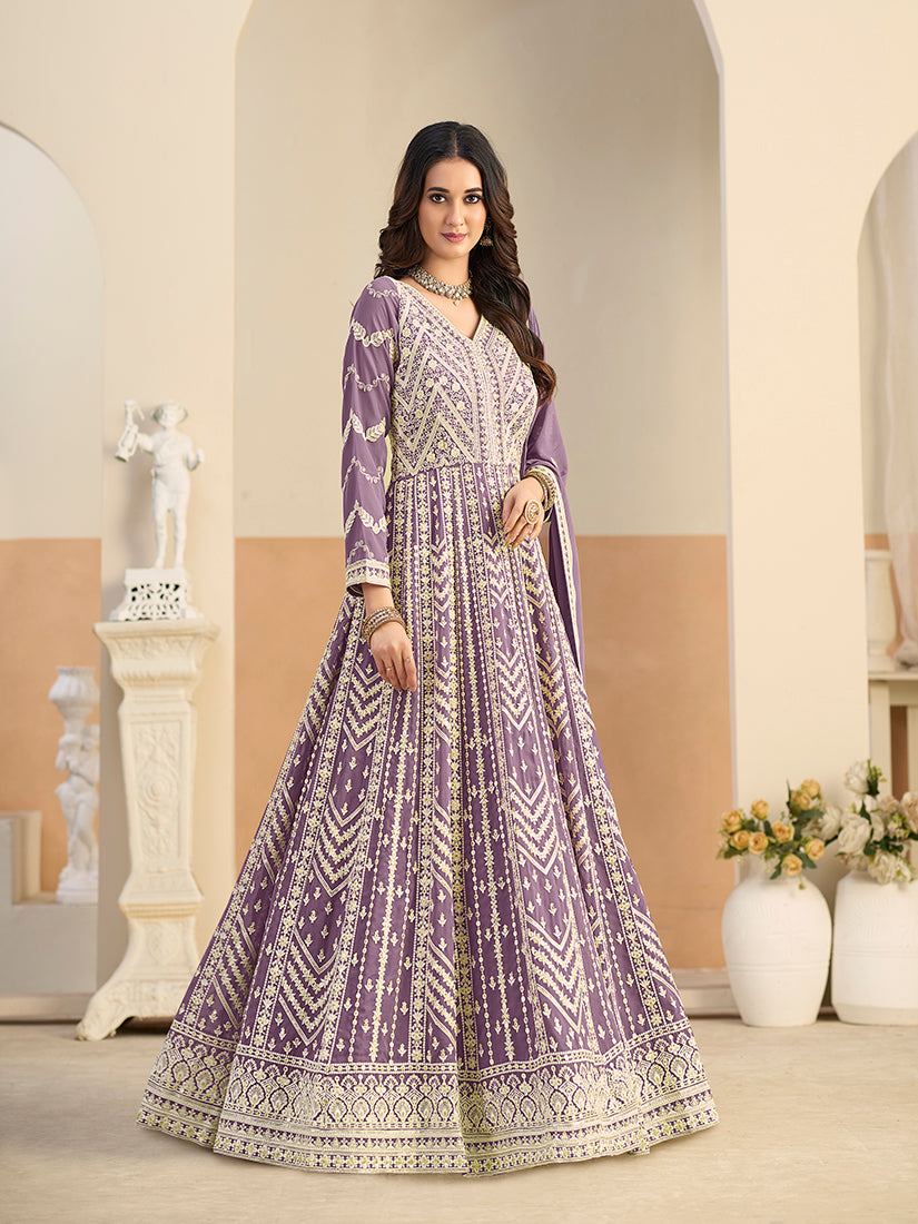 Faux Georgette Embroidered Light Purple Anarkali Suit - Monjolika Fashion