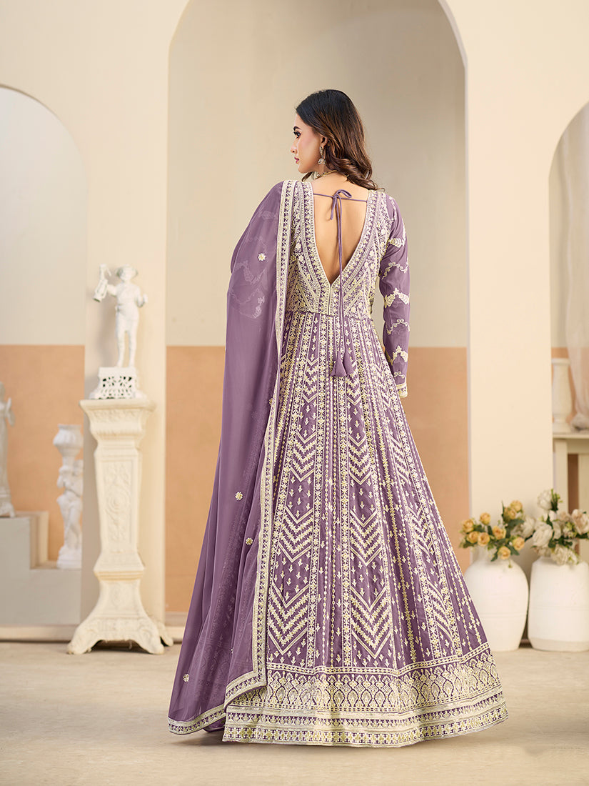 Faux Georgette Embroidered Light Purple Anarkali Suit - Monjolika Fashion