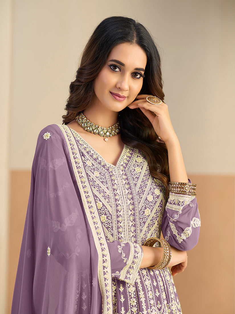Faux Georgette Embroidered Light Purple Anarkali Suit - Monjolika Fashion