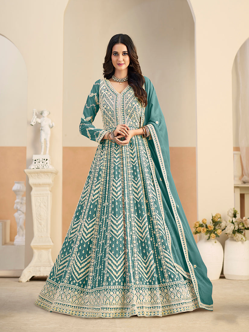 Faux Georgette Embroidered Turquoise Anarkali Suit - Monjolika Fashion