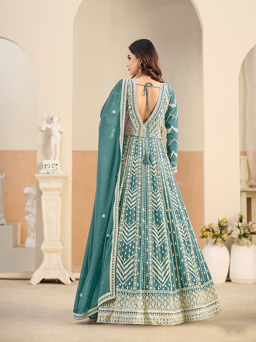 Faux Georgette Embroidered Turquoise Anarkali Suit - Monjolika Fashion