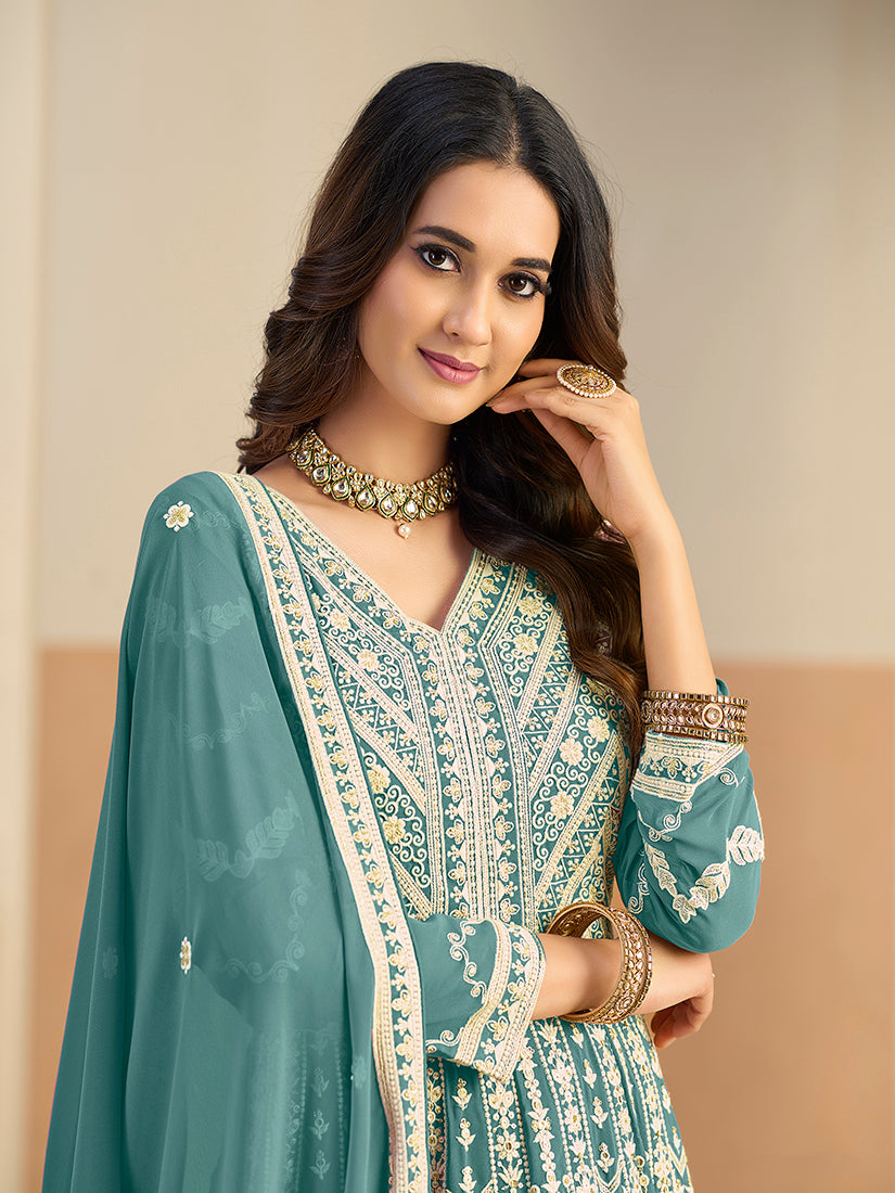 Faux Georgette Embroidered Turquoise Anarkali Suit - Monjolika Fashion
