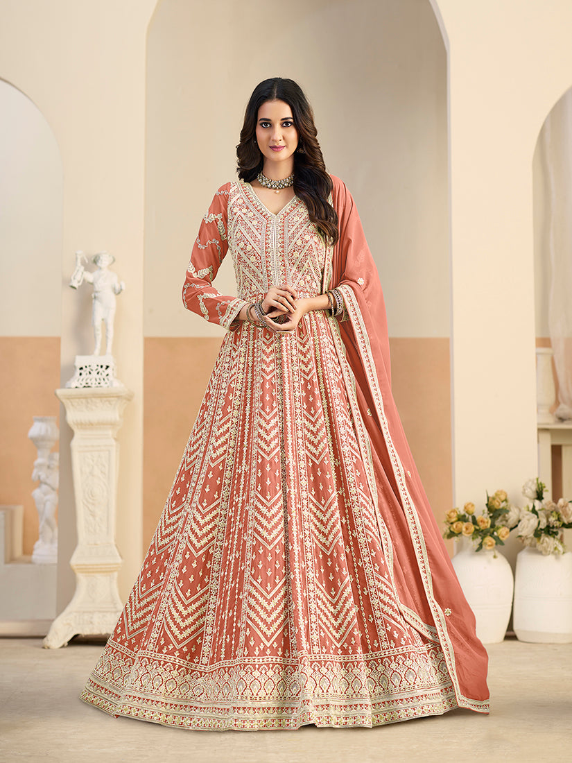 Faux Georgette Embroidered Peach Anarkali Suit - Monjolika Fashion