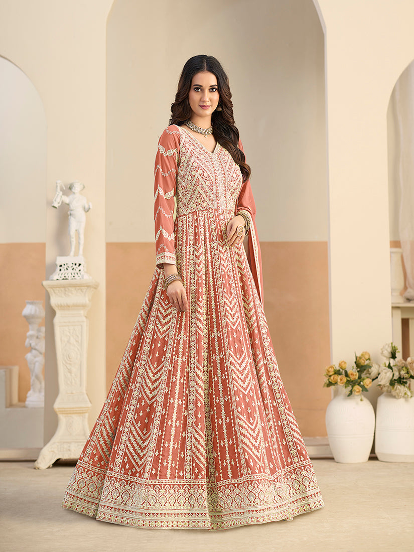 Faux Georgette Embroidered Peach Anarkali Suit - Monjolika Fashion