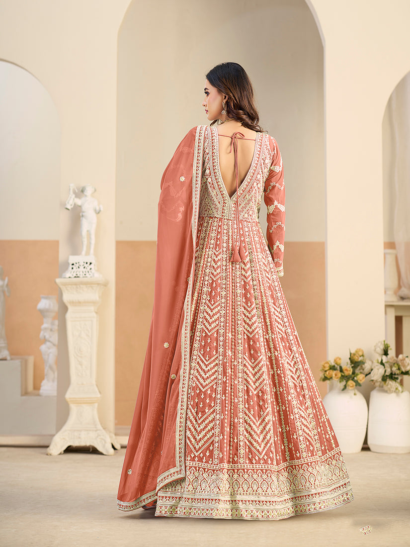 Faux Georgette Embroidered Peach Anarkali Suit - Monjolika Fashion