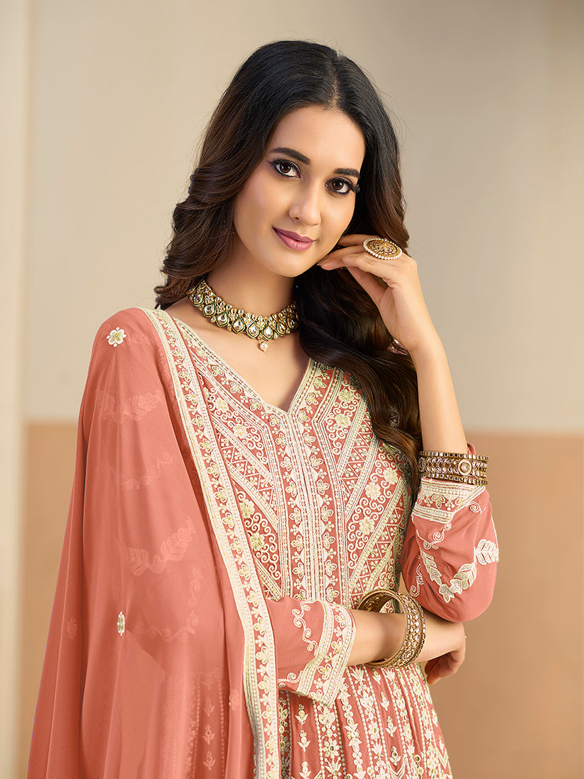 Faux Georgette Embroidered Peach Anarkali Suit - Monjolika Fashion