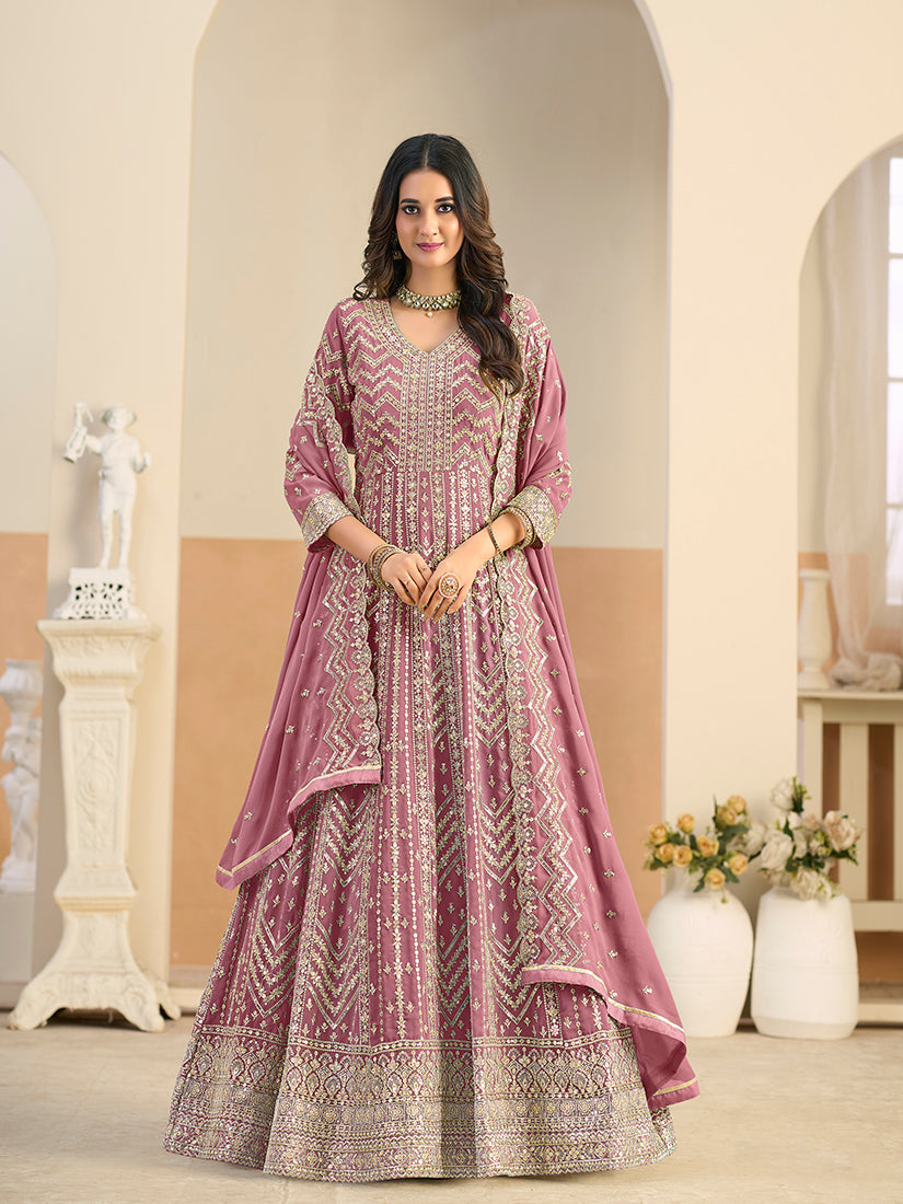 Faux Georgette Pink Embroidered Anarkali Suit - Monjolika Fashion