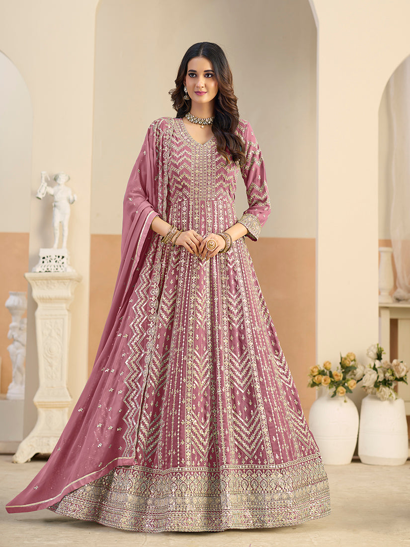 Faux Georgette Pink Embroidered Anarkali Suit - Monjolika Fashion