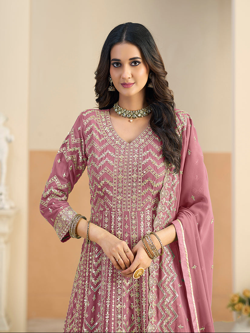 Faux Georgette Pink Embroidered Anarkali Suit - Monjolika Fashion