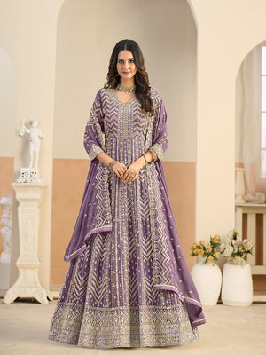Faux Georgette Lavender Embroidered Anarkali Suit