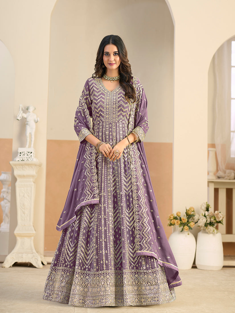 Faux Georgette Lavender Embroidered Anarkali Suit - Monjolika Fashion