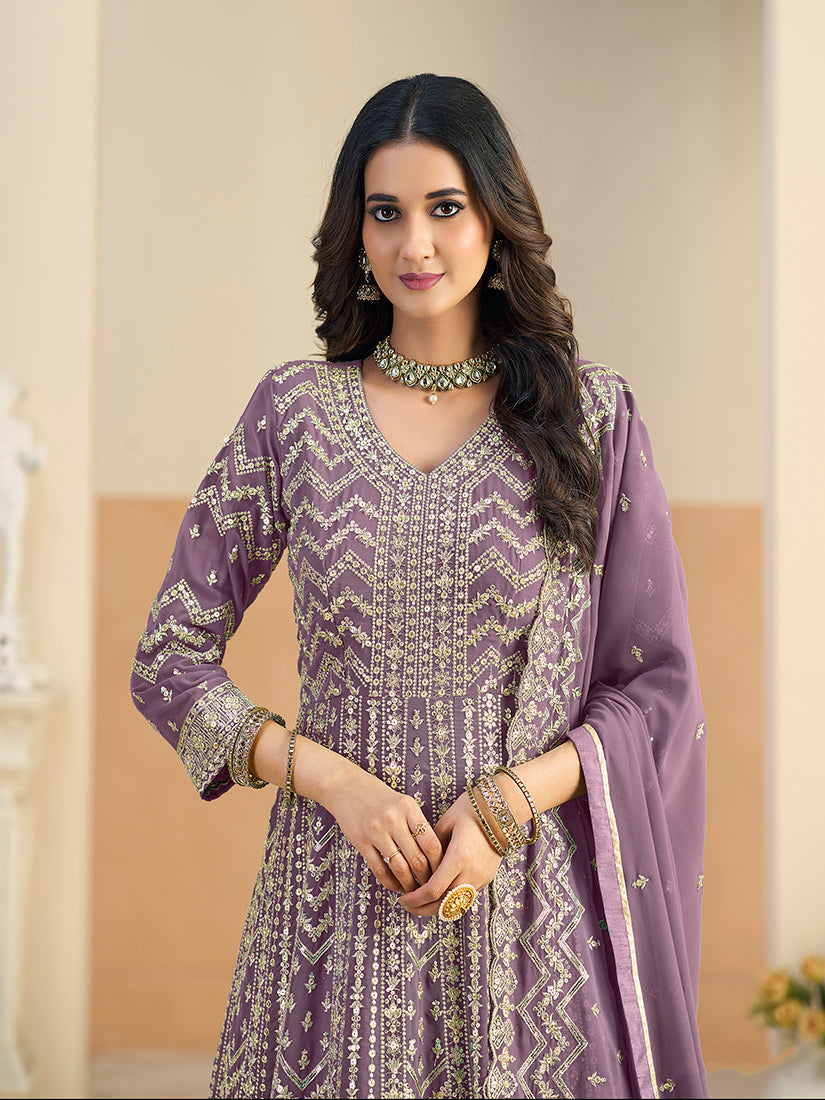Faux Georgette Lavender Embroidered Anarkali Suit - Monjolika Fashion