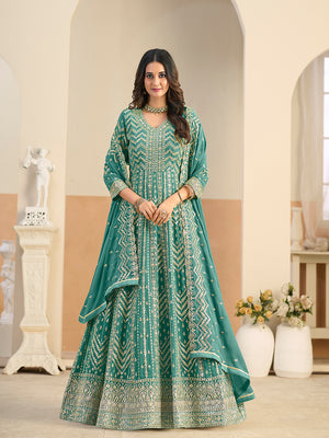 Faux Georgette Turquoise Embroidered Anarkali Suit
