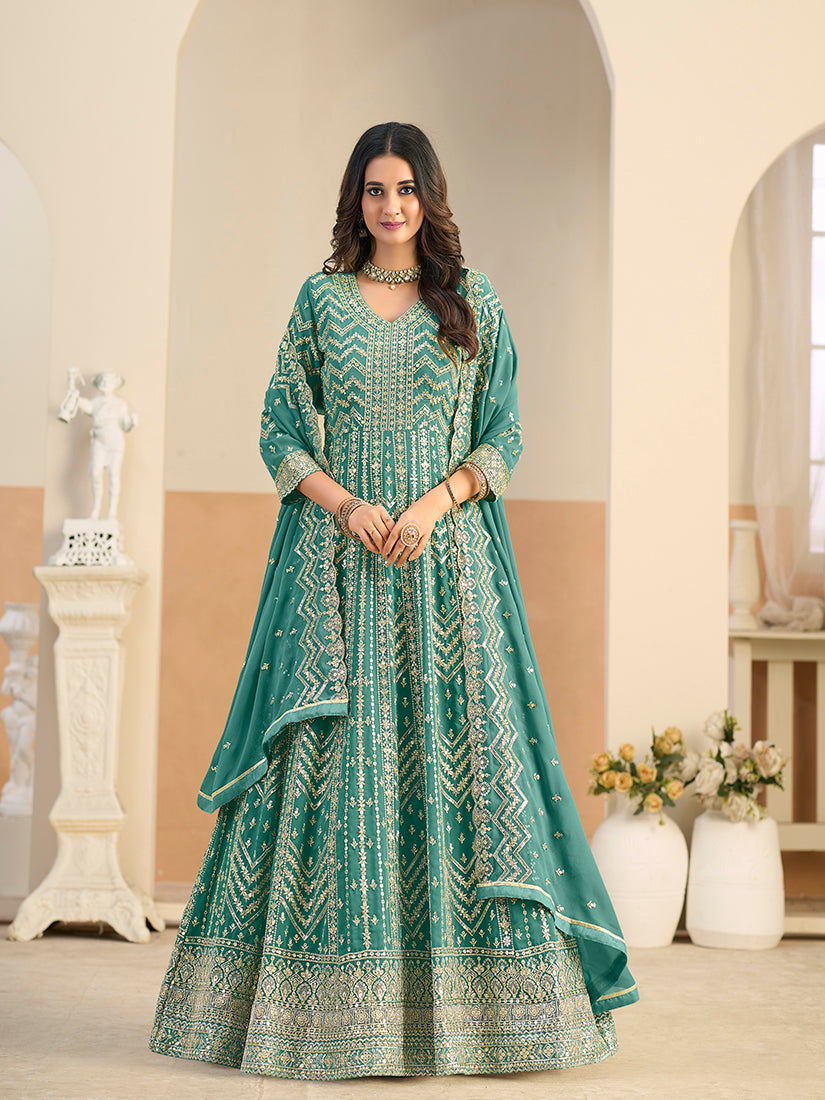 Faux Georgette Turquoise Embroidered Anarkali Suit - Monjolika Fashion