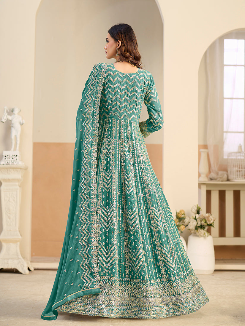 Faux Georgette Turquoise Embroidered Anarkali Suit - Monjolika Fashion