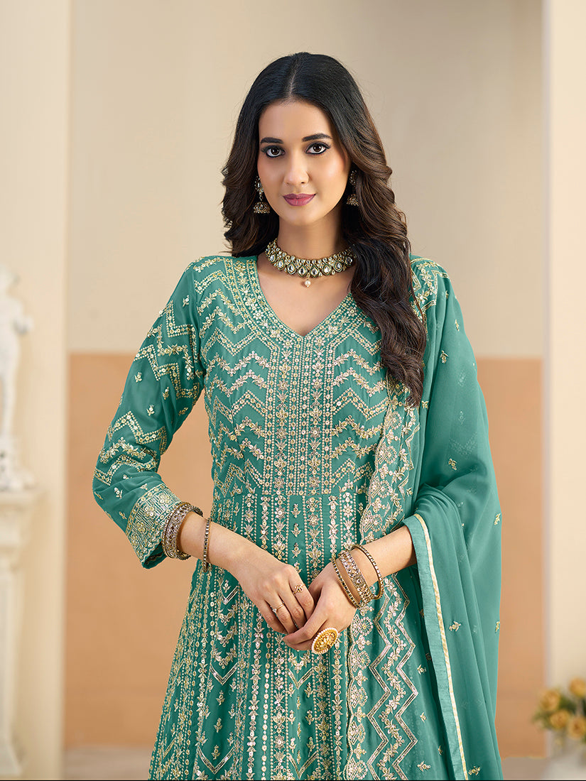 Faux Georgette Turquoise Embroidered Anarkali Suit - Monjolika Fashion