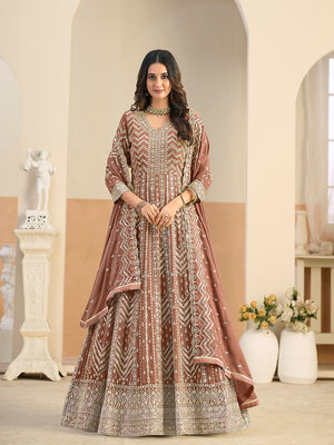 Faux Georgette Brown Embroidered Anarkali Suit
