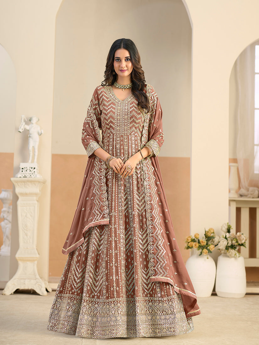 Faux Georgette Brown Embroidered Anarkali Suit - Monjolika Fashion