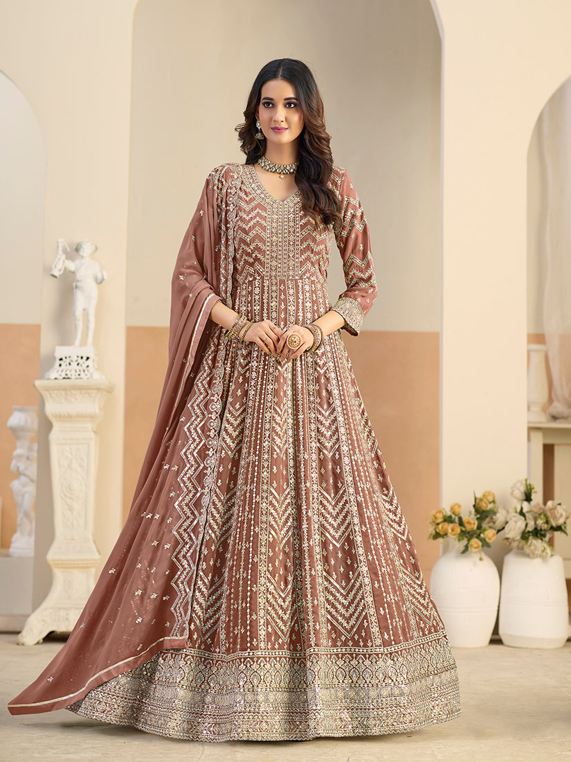 Faux Georgette Brown Embroidered Anarkali Suit - Monjolika Fashion