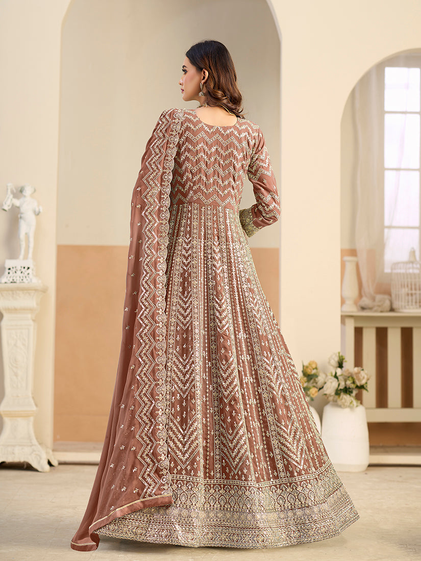 Faux Georgette Brown Embroidered Anarkali Suit - Monjolika Fashion