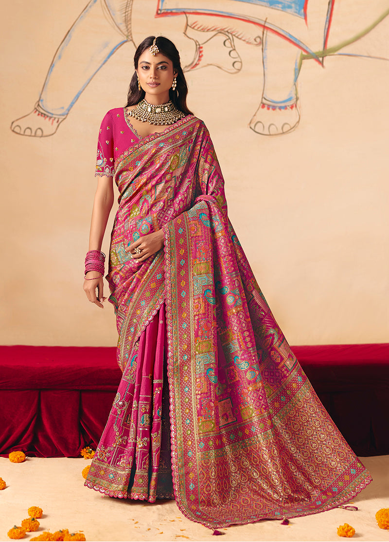 Rani Pink Embroidered Silk Blend Saree - Monjolika Fashion