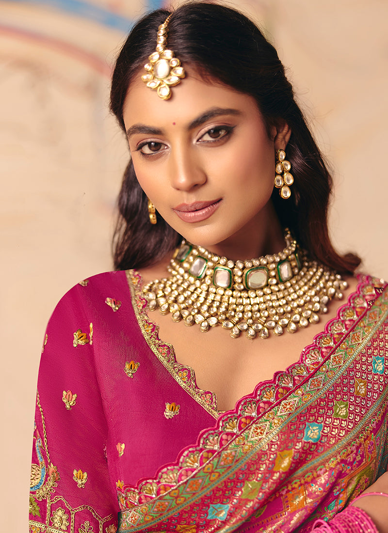 Rani Pink Embroidered Silk Blend Saree - Monjolika Fashion