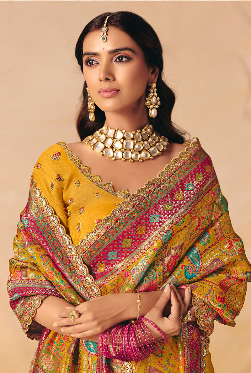 Mustard Embroidered Silk Blend Saree - Monjolika Fashion