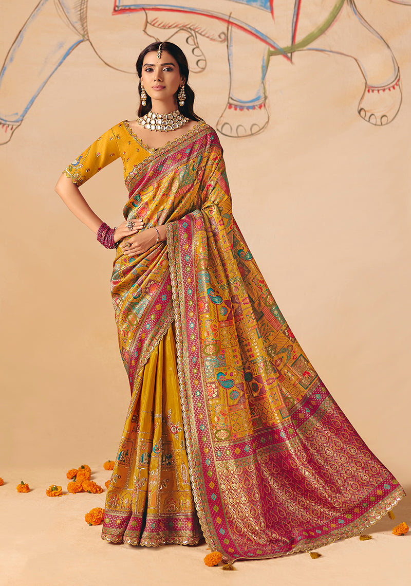 Mustard Embroidered Silk Blend Saree - Monjolika Fashion