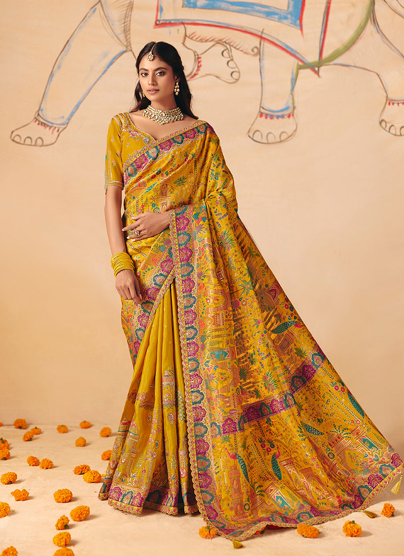 Mustard Color Embroidered Silk Blend Saree - Monjolika Fashion
