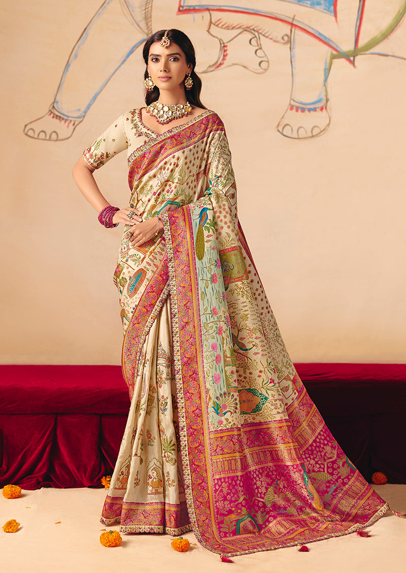 Cream Embroidered Silk Blend Saree - Monjolika Fashion
