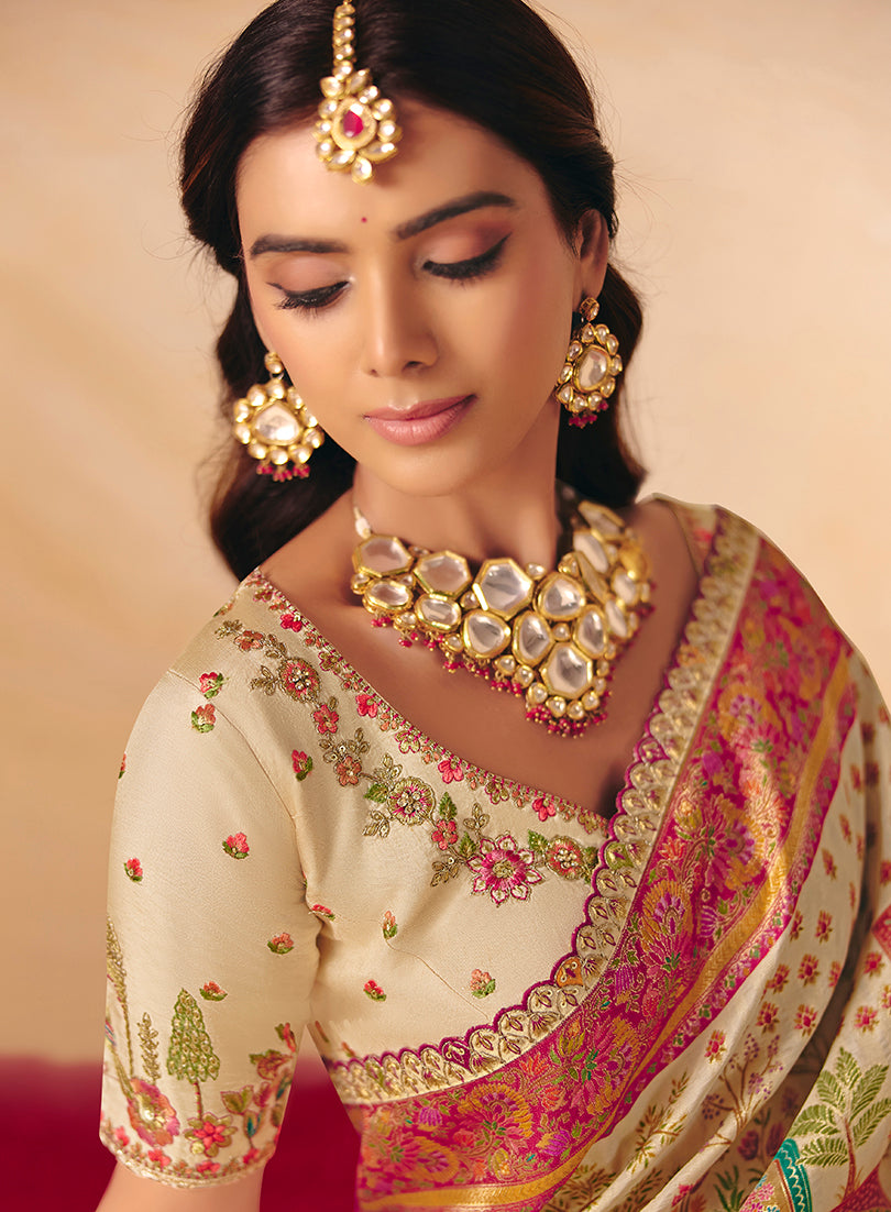 Cream Embroidered Silk Blend Saree - Monjolika Fashion
