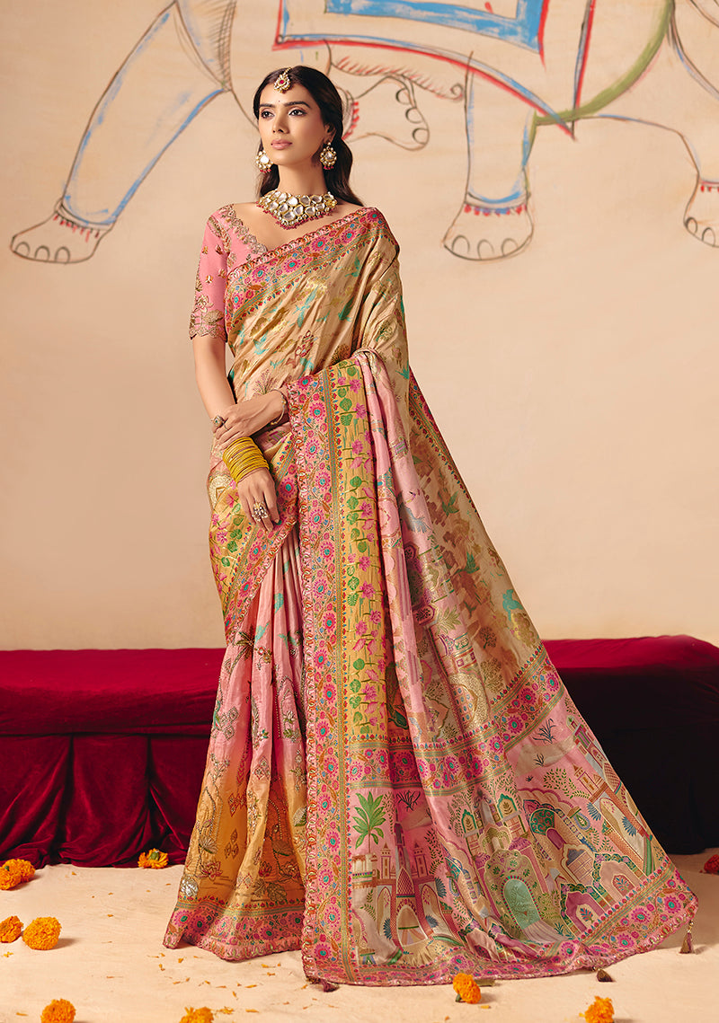 Multicolor Embroidered Silk Blend Wedding Saree - Monjolika Fashion
