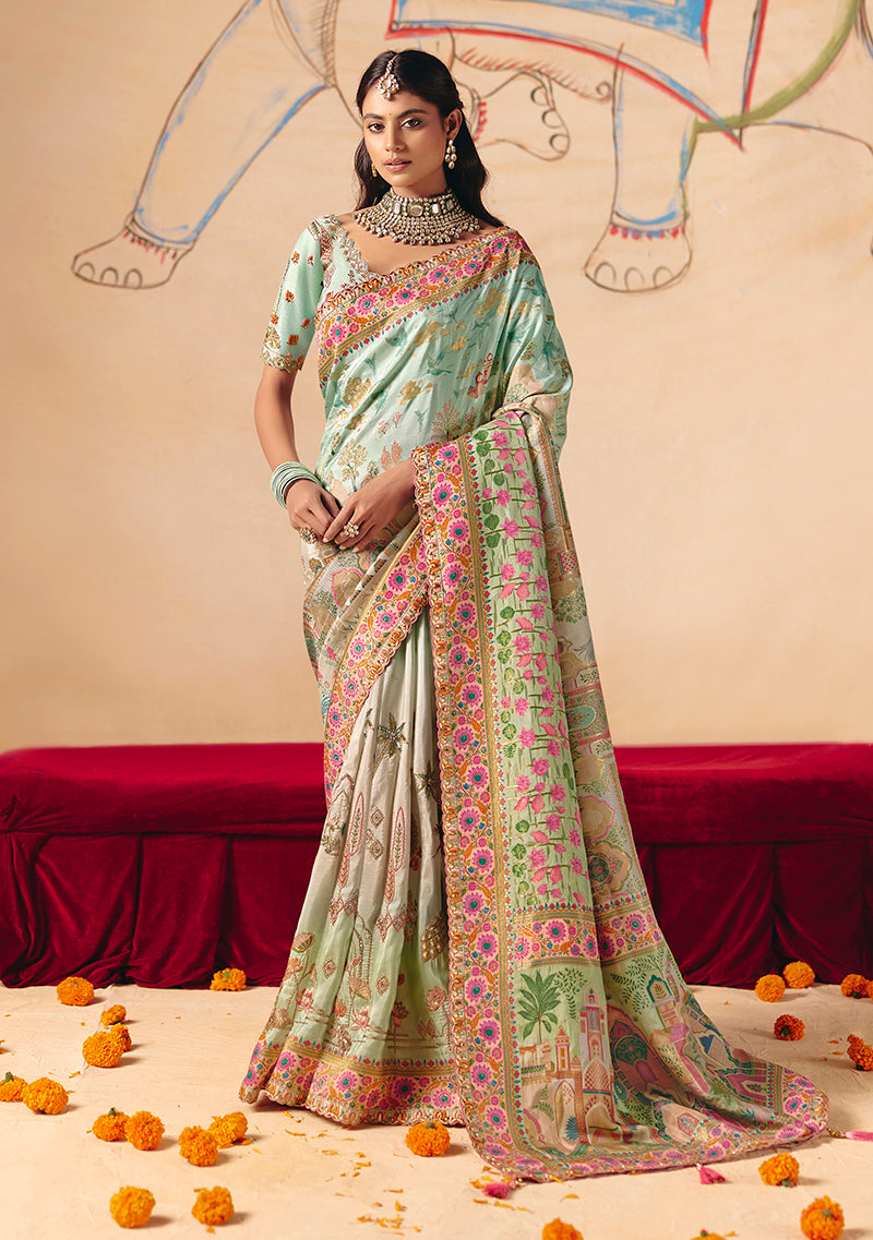 Aqua Blue Embroidered Silk Blend Saree - Monjolika Fashion