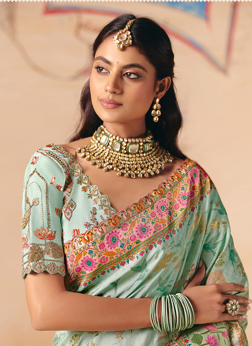 Aqua Blue Embroidered Silk Blend Saree - Monjolika Fashion