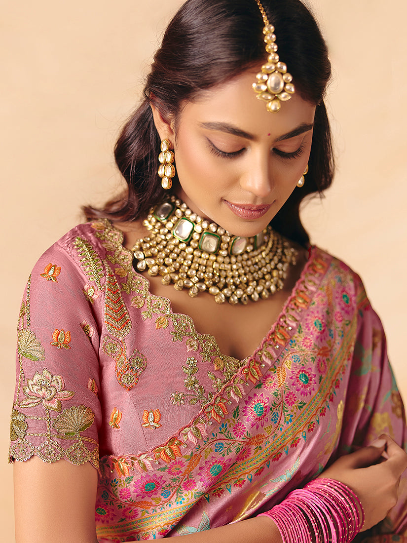 Pink Embroidered Silk Blend Saree - Monjolika Fashion