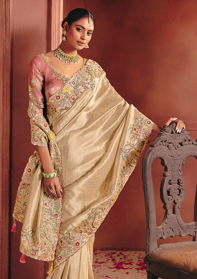 Cream Silk Blend Embroidered Saree - Monjolika Fashion