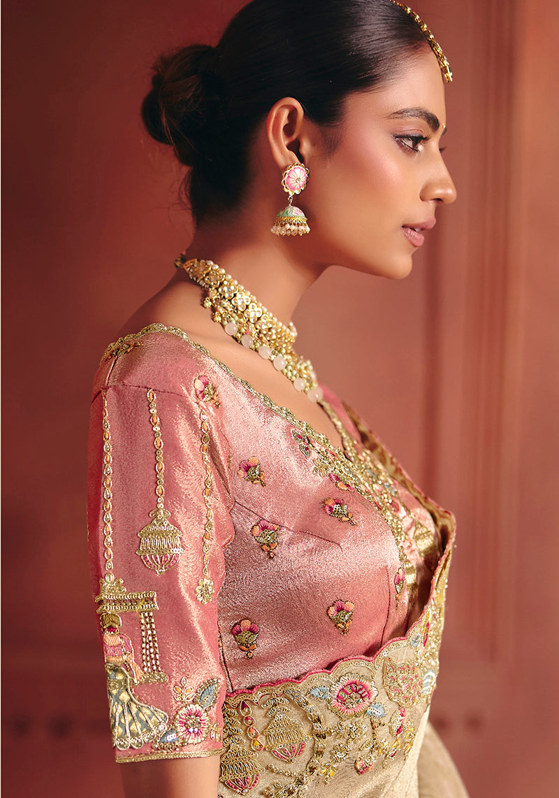 Cream Silk Blend Embroidered Saree - Monjolika Fashion