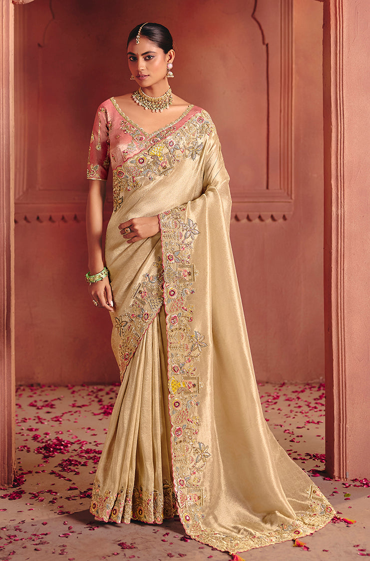 Cream Silk Blend Embroidered Saree - Monjolika Fashion