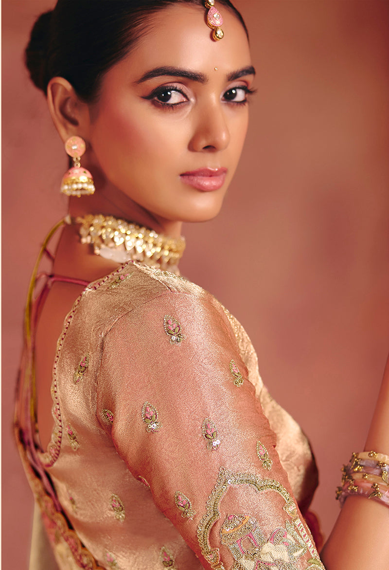 Beige Silk Blend Embroidered Saree - Monjolika Fashion