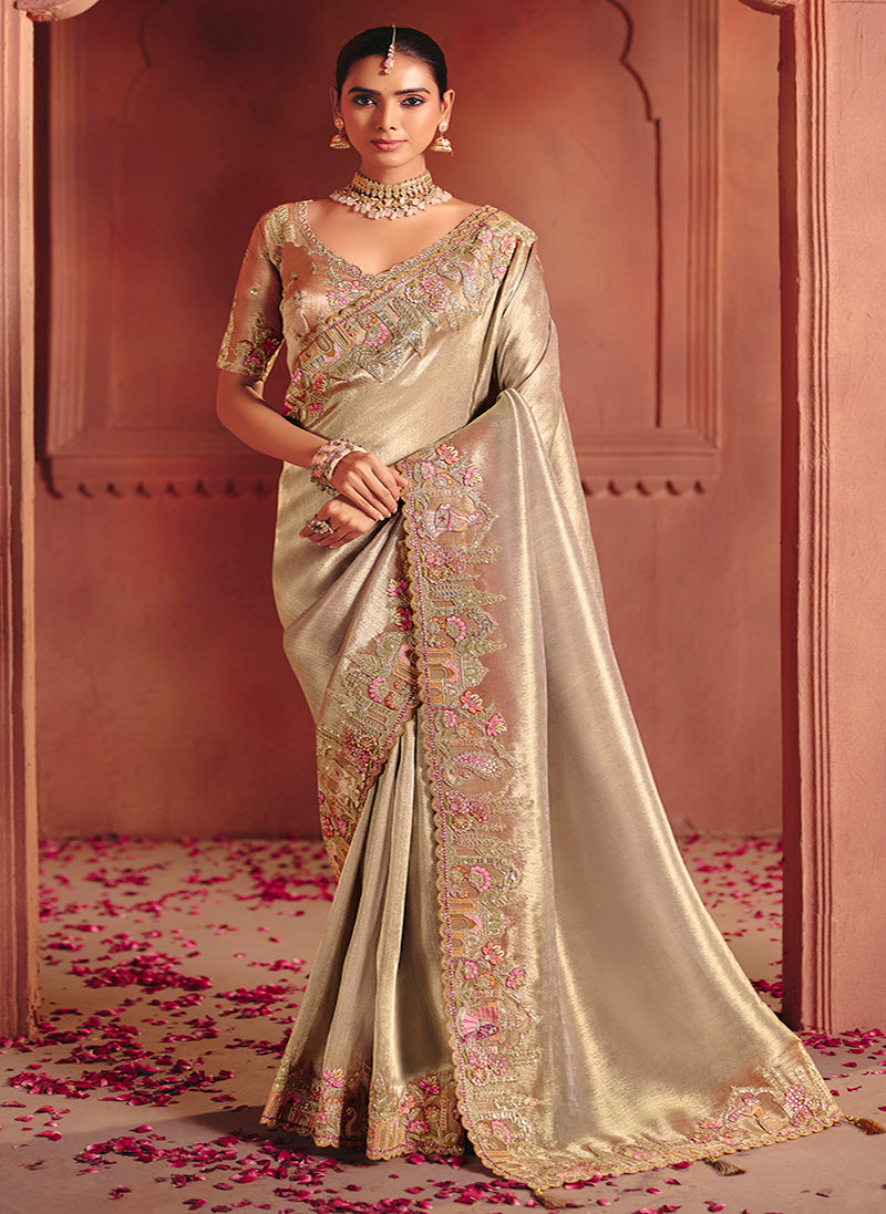 Beige Silk Blend Embroidered Saree - Monjolika Fashion