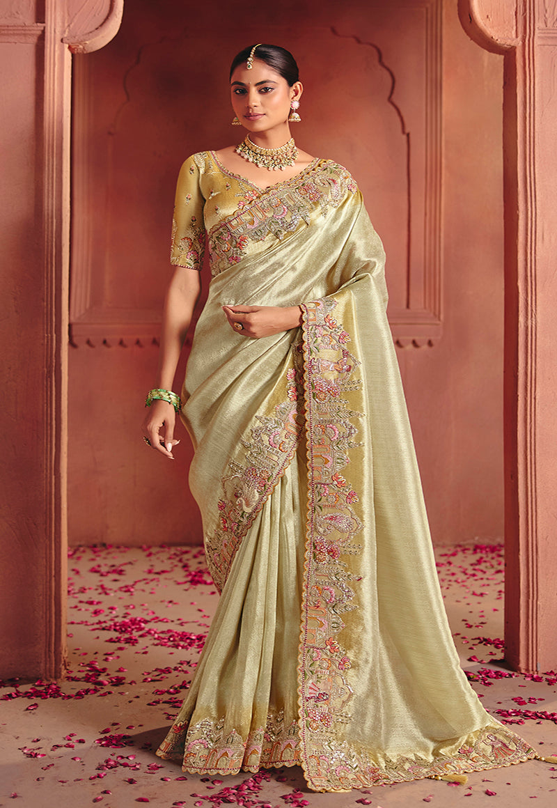 Pista Green Silk Blend Embroidered Saree - Monjolika Fashion