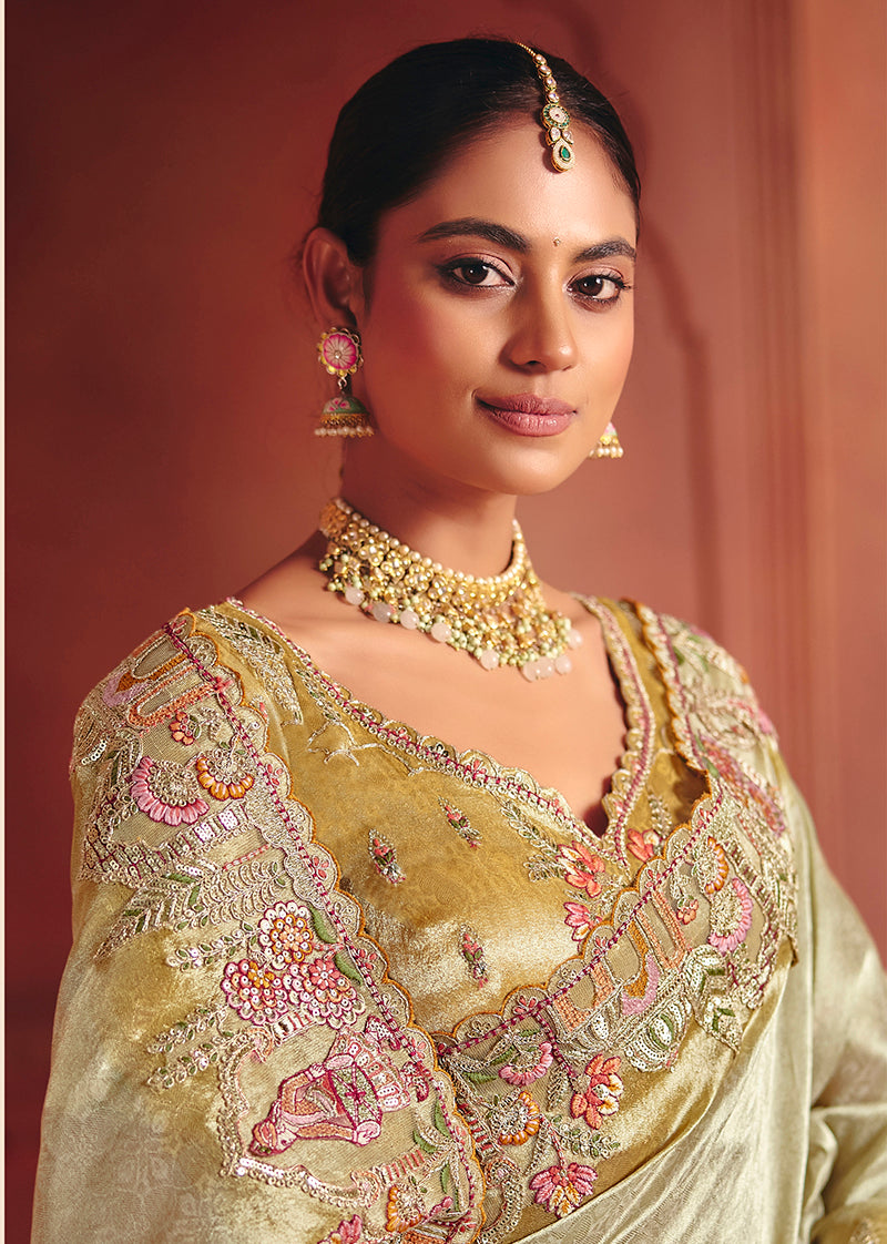 Pista Green Silk Blend Embroidered Saree - Monjolika Fashion