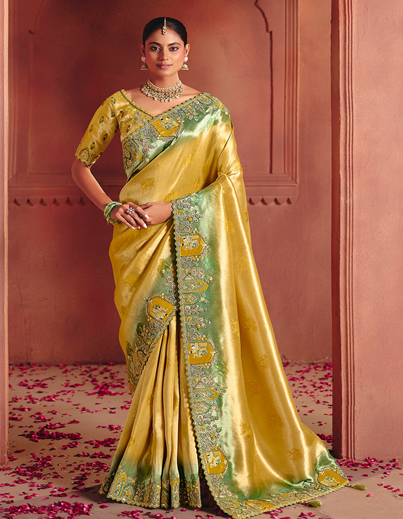 Mustard Silk Blend Embroidered Saree - Monjolika Fashion