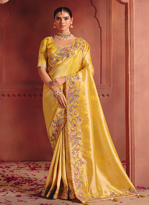 Yellow Silk Blend Embroidered Saree